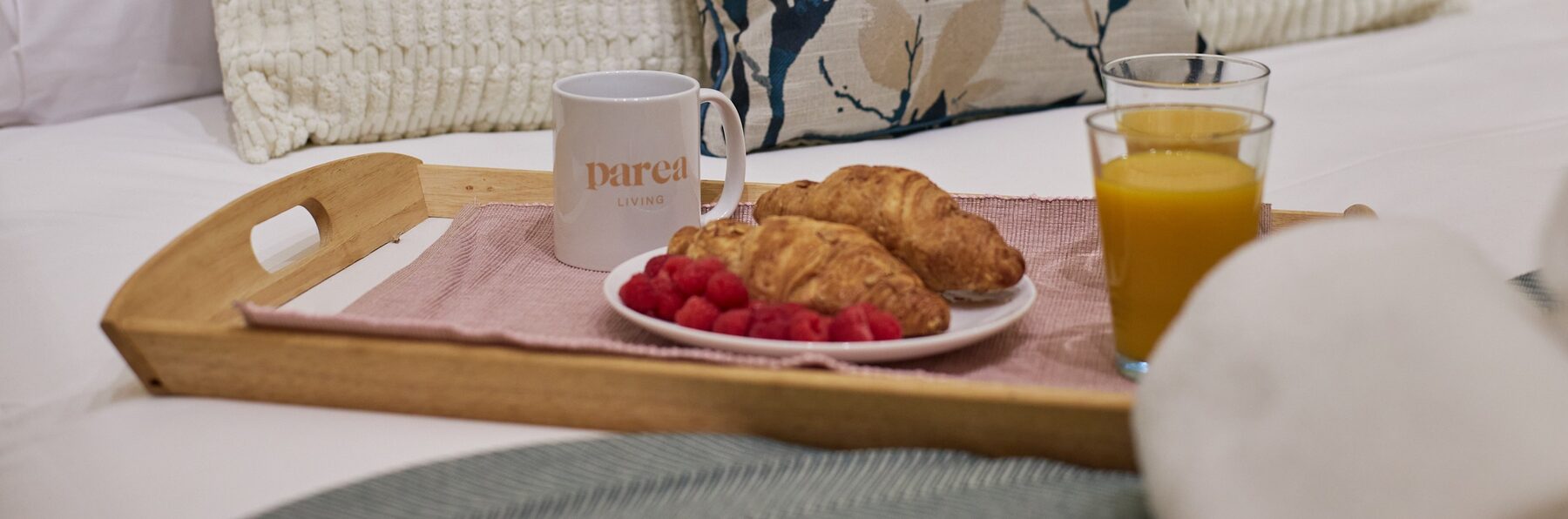 Breakfast tray staged for a guest-ready photograph